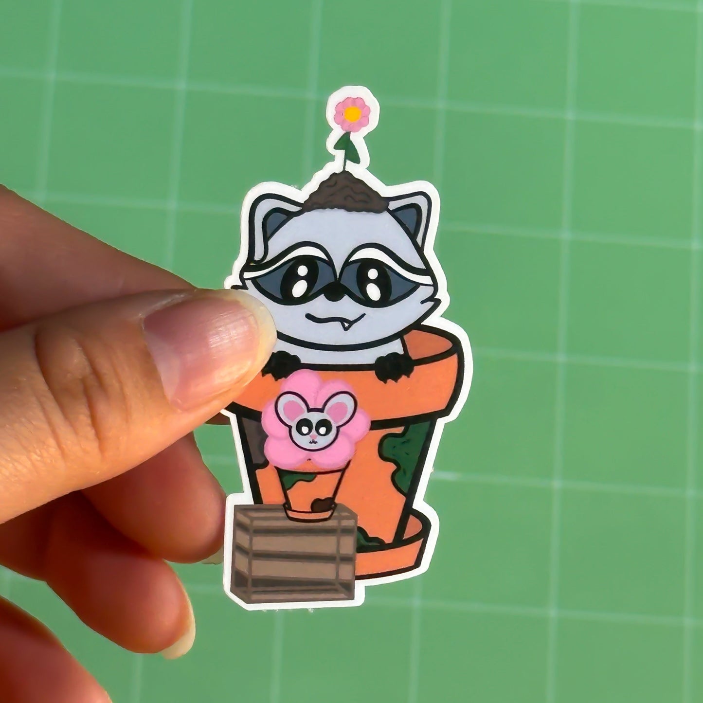 Baby Raccoon Flower Pot Sticker