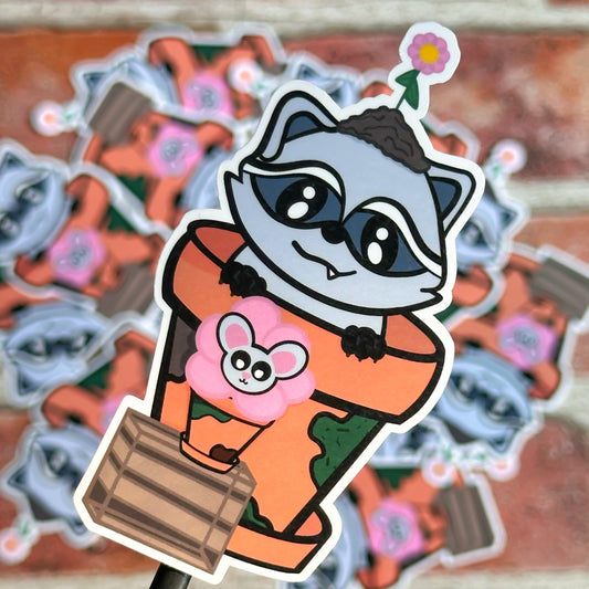 Baby Raccoon Flower Pot Sticker