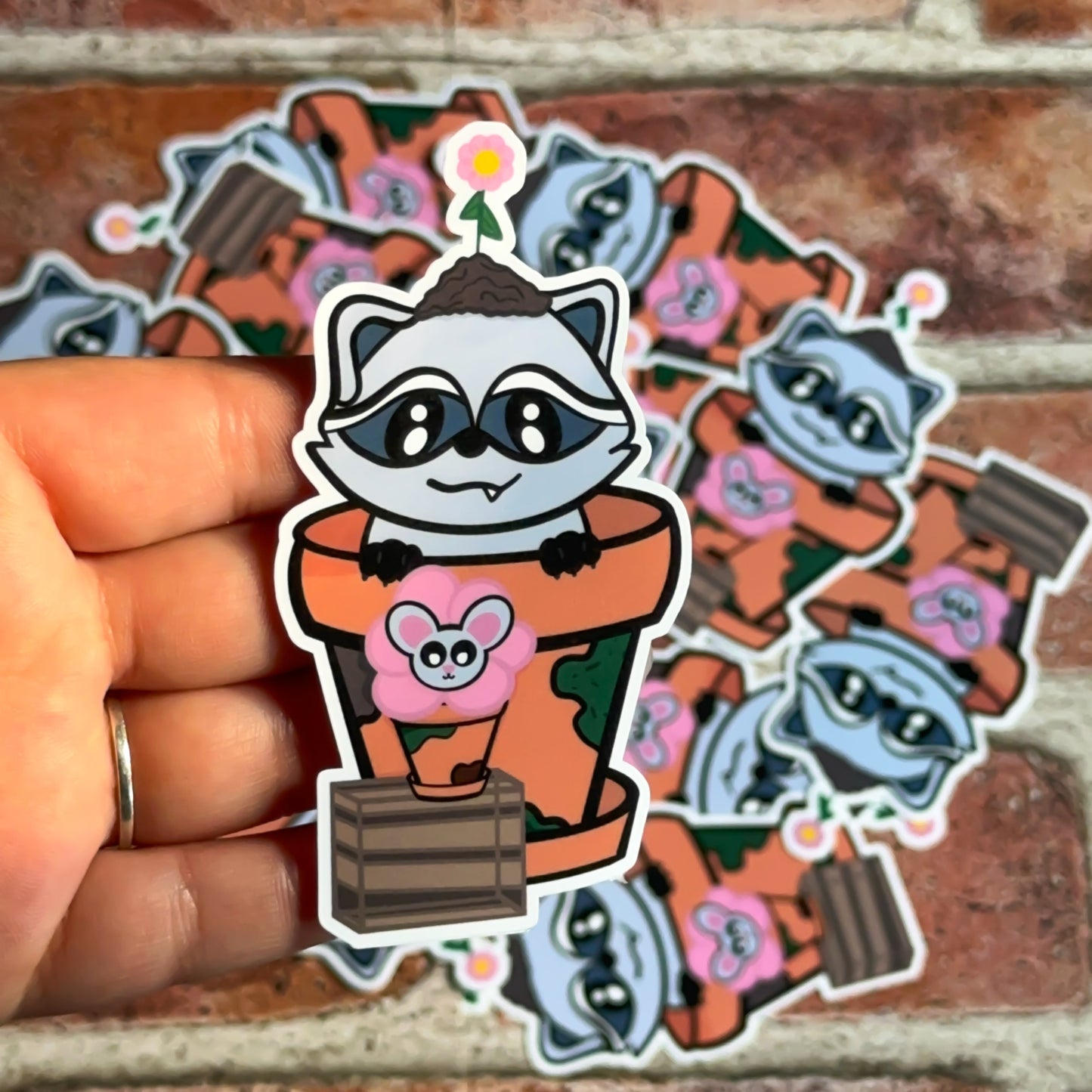 Baby Raccoon Flower Pot Sticker